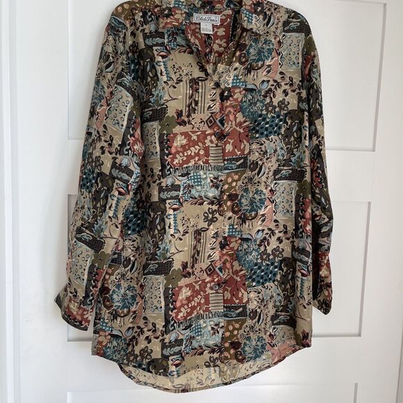 Vintage Womens Cote de France Silk Button Blouse Long Sleeve Brown Multi Sz S - Picture 7 of 13
